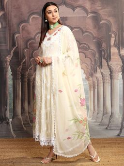 VISHUDH - Women Beige Embroidered Anarkali Kurta with Pant & Dupatta (Set of 3)