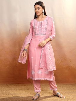 VISHUDH - Women Pink Embroidered Kurta with Pant & Dupatta (Set of 3)