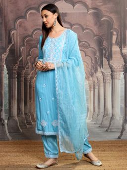 VISHUDH - Women Blue Embroidered Kurta with Pant & Dupatta (Set of 3)
