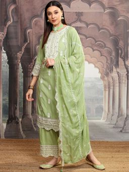VISHUDH - Women Green Embroidered Kurta with Palazzo & Dupatta (Set of 3)
