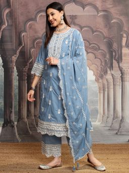 VISHUDH - Women Blue Embroidered Kurta with Palazzo & Dupatta (Set of 3)