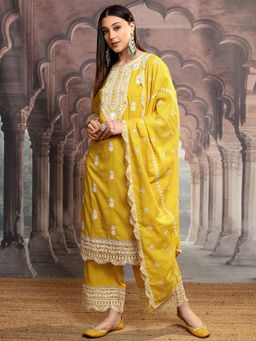 VISHUDH - Women Mustard Embroidered Kurta with Palazzo & Dupatta (Set of 3)