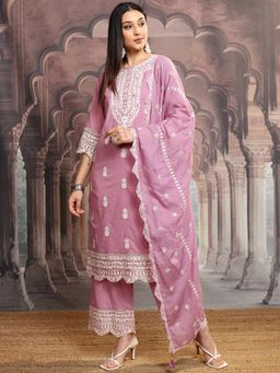 VISHUDH - Women Pink Embroidered Kurta with Palazzo & Dupatta (Set of 3)