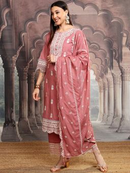 VISHUDH - Women Rust Embroidered Kurta with Palazzo & Dupatta (Set of 3)