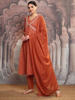 VISHUDH - Women Rust Embroidered Anarkali Kurta with Pant & Dupatta (Set of 3)