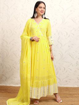 VISHUDH - Women Yellow Embroidered Angrakha Kurta with Pant & Dupatta (Set of 3)