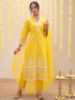 VISHUDH - Women Yellow Embroidered Kurta with Pant & Dupatta (Set of 3)
