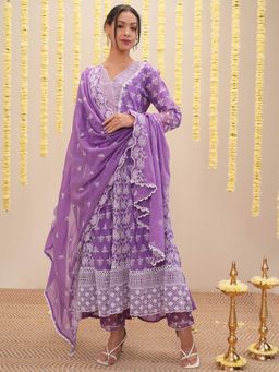 VISHUDH - Women Purple Embroidered Anarkali Kurta with Pant & Dupatta (Set of 3)