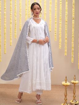 VISHUDH - Women White Embroidered Angrakha Kurta with Pant & Dupatta (Set of 3)