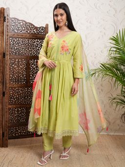 VISHUDH - Women Green Floral Anarkali Kurta with Pant & Dupatta (Set of 3)