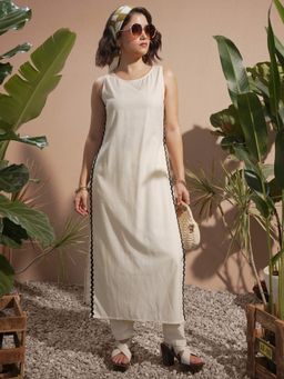 VISHUDH - Women Beige Solid Kurta with Pant (Set of 2)