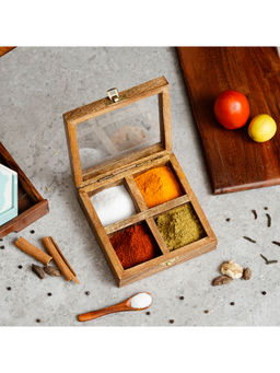 eCraftIndia - 4 Square Compartments Handcrafted Wooden Spice Box