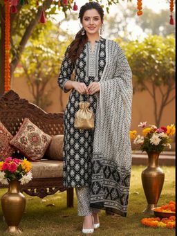 Vaamsi - Women Cotton Blend Printed Kurta Trousers with Dupatta (Set of 3)