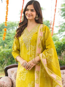 Vaamsi - Yellow Floral Embroidered Straight Kurta with Pant and Dupatta