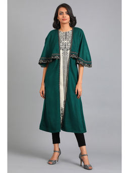W - Green Woven Round Neck Cotton Winter Kurta