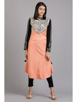 W - Peach Woven Round Neck Cotton Winter Kurta
