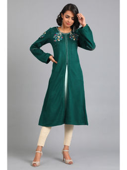 W - Green Embroidered Round Neck Polyester Winter Kurta
