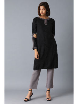W - Grey Embroidered Round Neck Kurta