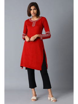 W - Red Embroidered Round Neck Kurta