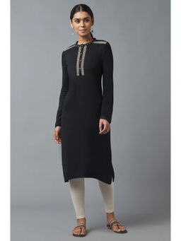 W - Black Embroidered Mandarin Neck Winter Kurta