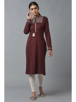 W - Brown Embroidered Keyhole Neck Winter Kurta