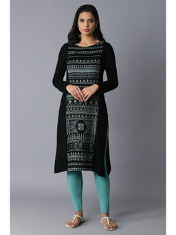 W - Black Woven Round Neck Winter Kurta
