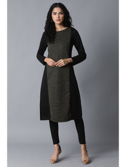 W - Black Woven Round Neck Polyester Winter Kurta