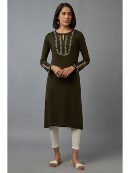 W - Green Embroidered Keyhole Neck Kurta