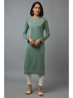 W - Blue Embroidered Keyhole Neck Kurta
