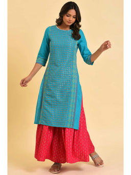 W - Blue Printed Round Neck Cotton Kurta