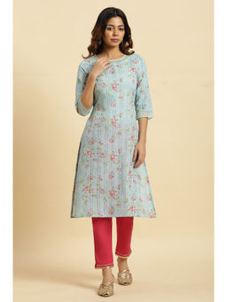 W - Blue Floral Round Neck Cotton Kurta