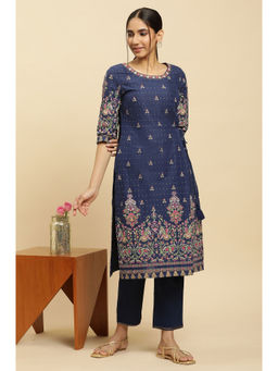 W - Navy Blue Floral Round Neck Cotton Kurta