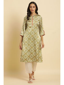 W - Green Printed Round Neck Polyester Kurta