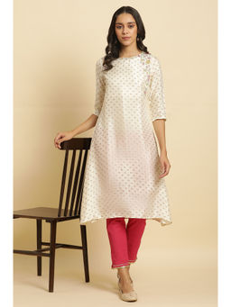 W - Off White Floral Round Neck Viscose Kurta
