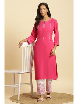 W - Pink Embroidered Keyhole Neck Viscose Kurta