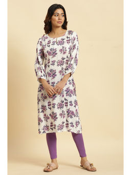 W - Floral Keyhole Neck Viscose White Kurta