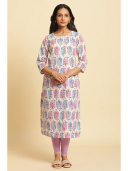 W - Paisley Round Neck Cotton White Kurta