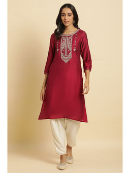 W - Maroon Embroidered Round Neck Viscose Kurta