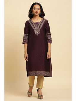 W - Floral V-Neck Viscose Wine Kurta