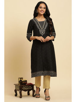 W - Black Floral V-Neck Viscose Kurta