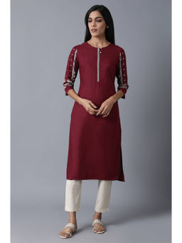 W - Maroon Solid Round Neck Viscose Kurta