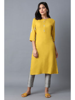 W - Yellow Floral Round Neck Viscose Kurta