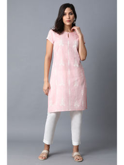 W - Pink Floral Keyhole Neck Cotton Kurta