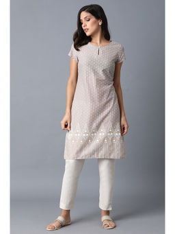 W - Grey Printed Keyhole Neck Cotton Kurta