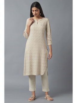 W - Beige Stripes Keyhole Neck Viscose Kurta