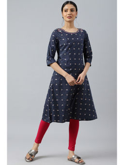 W - Blue Printed Round Neck Polyester Kurta