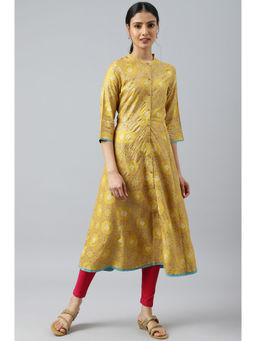 W - Yellow Printed Mandarin Neck Viscose Kurta