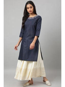 W - Navy Blue Printed Round Neck Polyester Kurta
