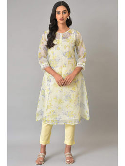 W - Floral Round Neck Polyester White Kurta