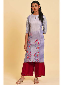 W - Lavender Floral Keyhole Neck Polyester Kurta